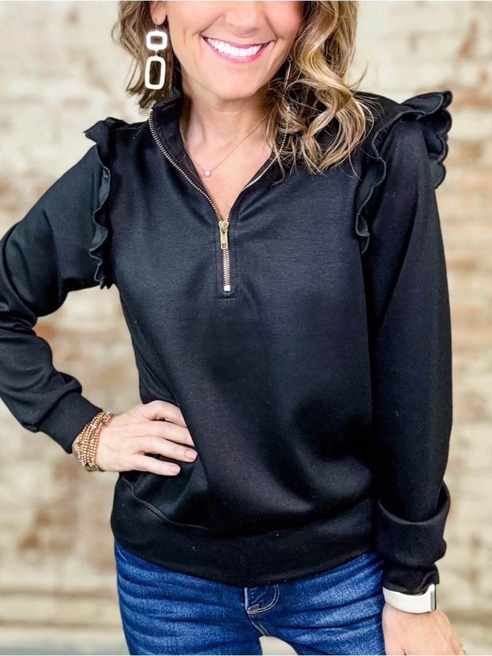 UMGEE  Ruffled Shoulder Half-Zip Pullover - Black